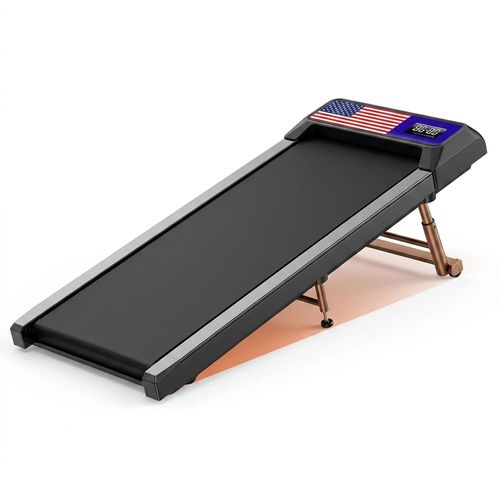 HOELLL Walking Treadmill Pad TFH-001 tucked beneath a standing desk, 28.7 pound lift weight