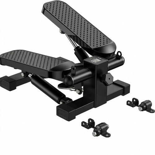 HOELLL Mini Stair Stepper SS-01 under a standing desk with resistance bands attached