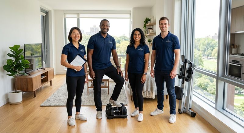 Clean modern apartment interior with HOELLL walking treadmill, weighted blanket, and exercise equipment arranged in a small-space home gym setup