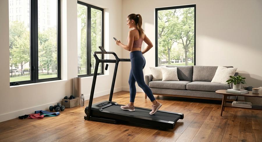HOELLL Compact Treadmill folded flat being slid under a bed frame in a small studio apartment