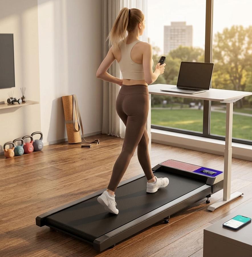 Walking treadmill pad in use on a hardwood apartment floor at sunrise, coffee machine visible in the kitchen background