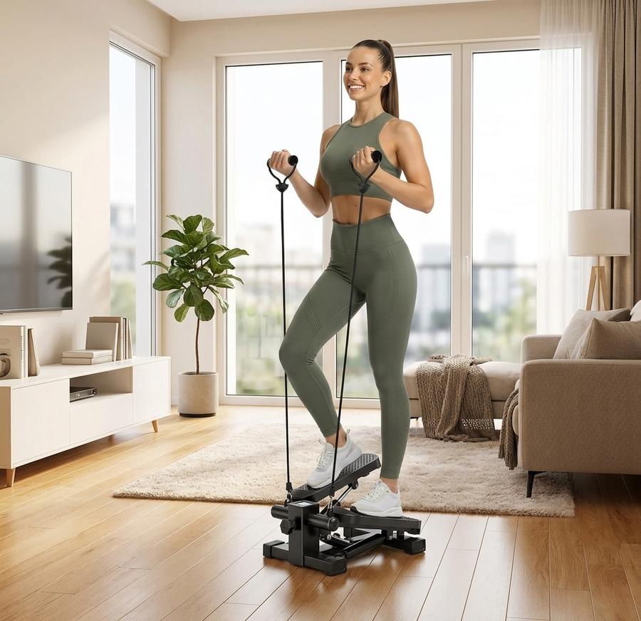 Mini stair stepper under a home office standing desk mid-session, LED display glowing beside a laptop on a video call