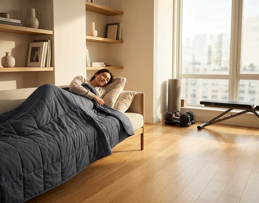 Weighted blanket spread across a queen bed with Oeko-Tex cotton shell in dark grey