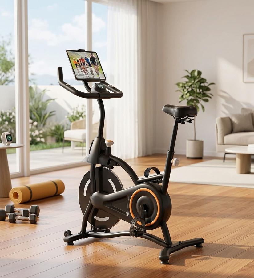 Exercise bike in a dimly lit living room with tablet on mount, parent pedaling quietly after bedtime